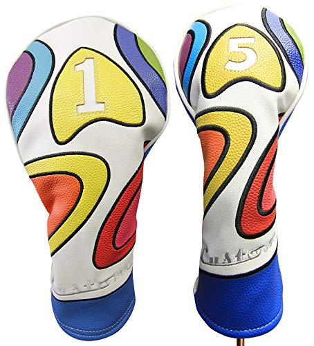 Majek Retro Golf Headcover Limited Edition Vintage Leather Style Psychedelic Colorful Groovy Custom Design #1 & 5 Driver Fairway Wood Head Cover