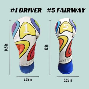 Majek Retro Golf Headcover Limited Edition Vintage Leather Style Psychedelic Colorful Groovy Custom Design #1 & 5 Driver Fairway Wood Head Cover