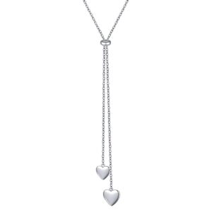 FLYOW Long Chain Dainty Necklace Simple Style 925 Sterling Silver Heart Pendant Adjustable Y Shaped Necklace Jewelry (Two heart)