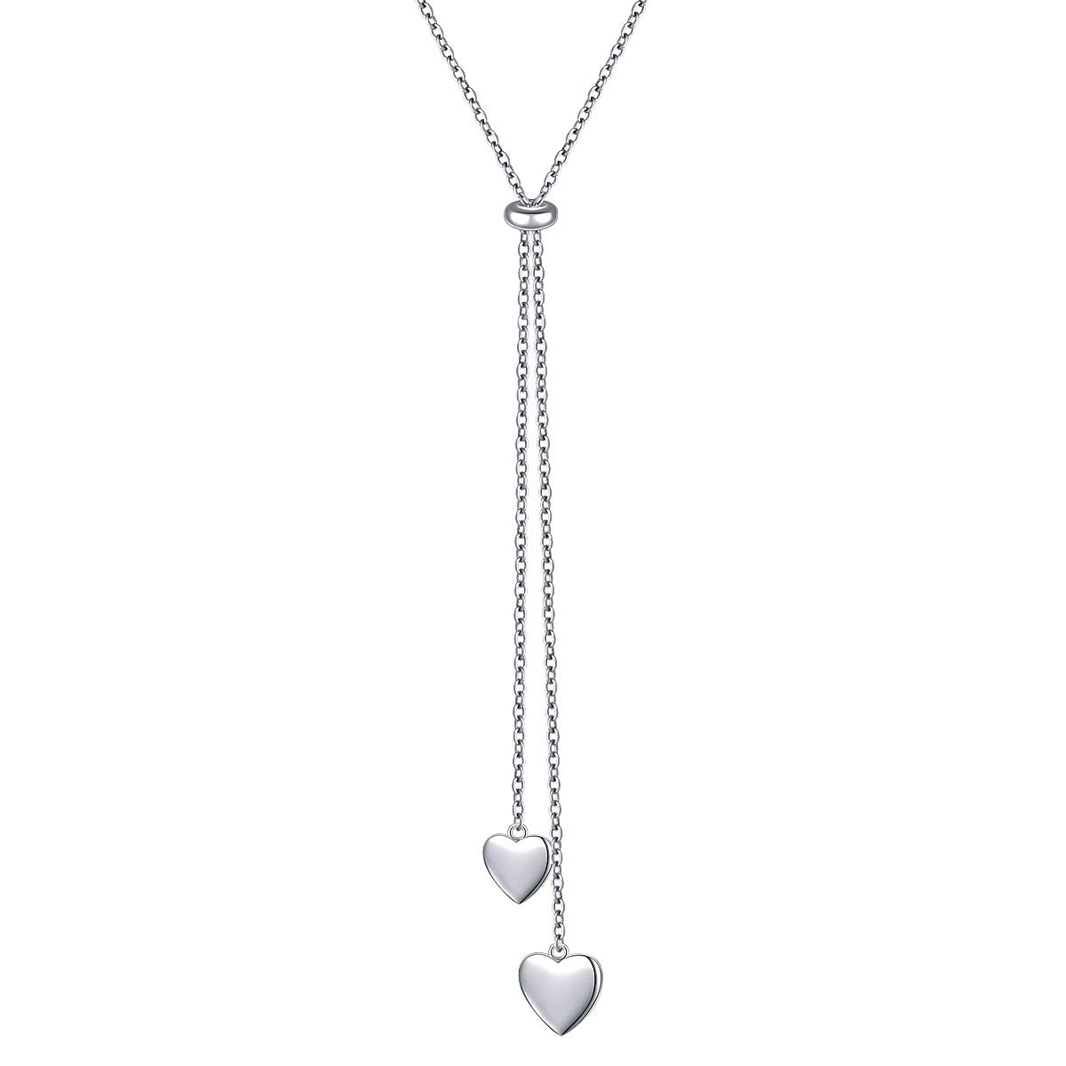 FLYOW Long Chain Dainty Necklace Simple Style 925 Sterling Silver Heart Pendant Adjustable Y Shaped Necklace Jewelry (Two heart)