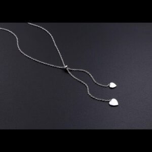 FLYOW Long Chain Dainty Necklace Simple Style 925 Sterling Silver Heart Pendant Adjustable Y Shaped Necklace Jewelry (Two heart)