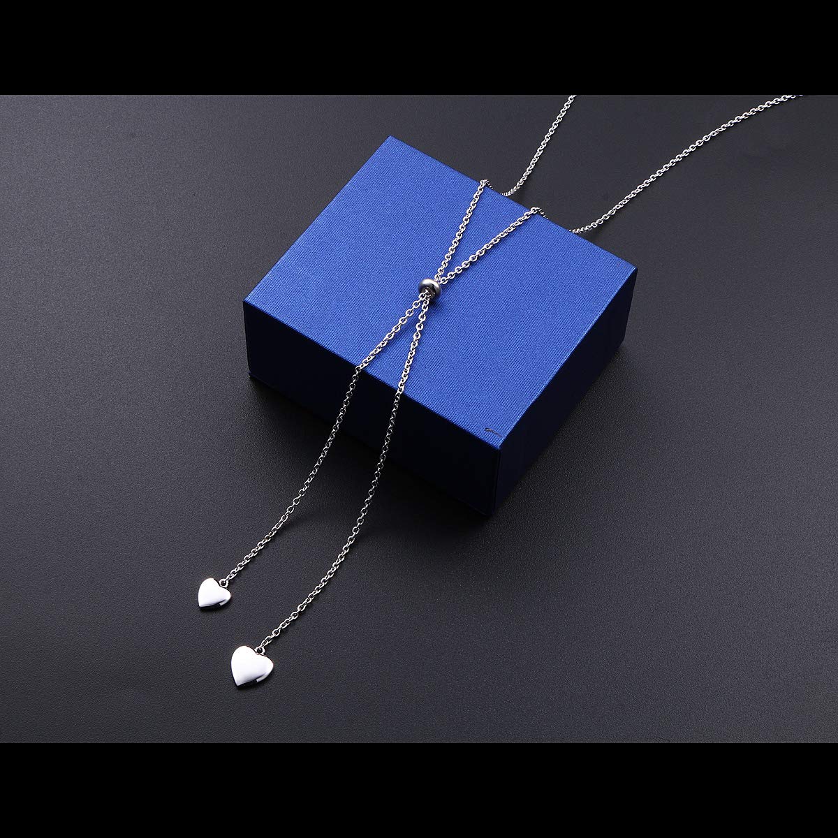 FLYOW Long Chain Dainty Necklace Simple Style 925 Sterling Silver Heart Pendant Adjustable Y Shaped Necklace Jewelry (Two heart)