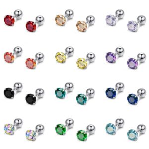 zs 12 pairs cz ear stud mixed colors cartilage earrings set stainless steel barbell studs earrings helix tragus piercing (ball backs,16g(1.2mm))