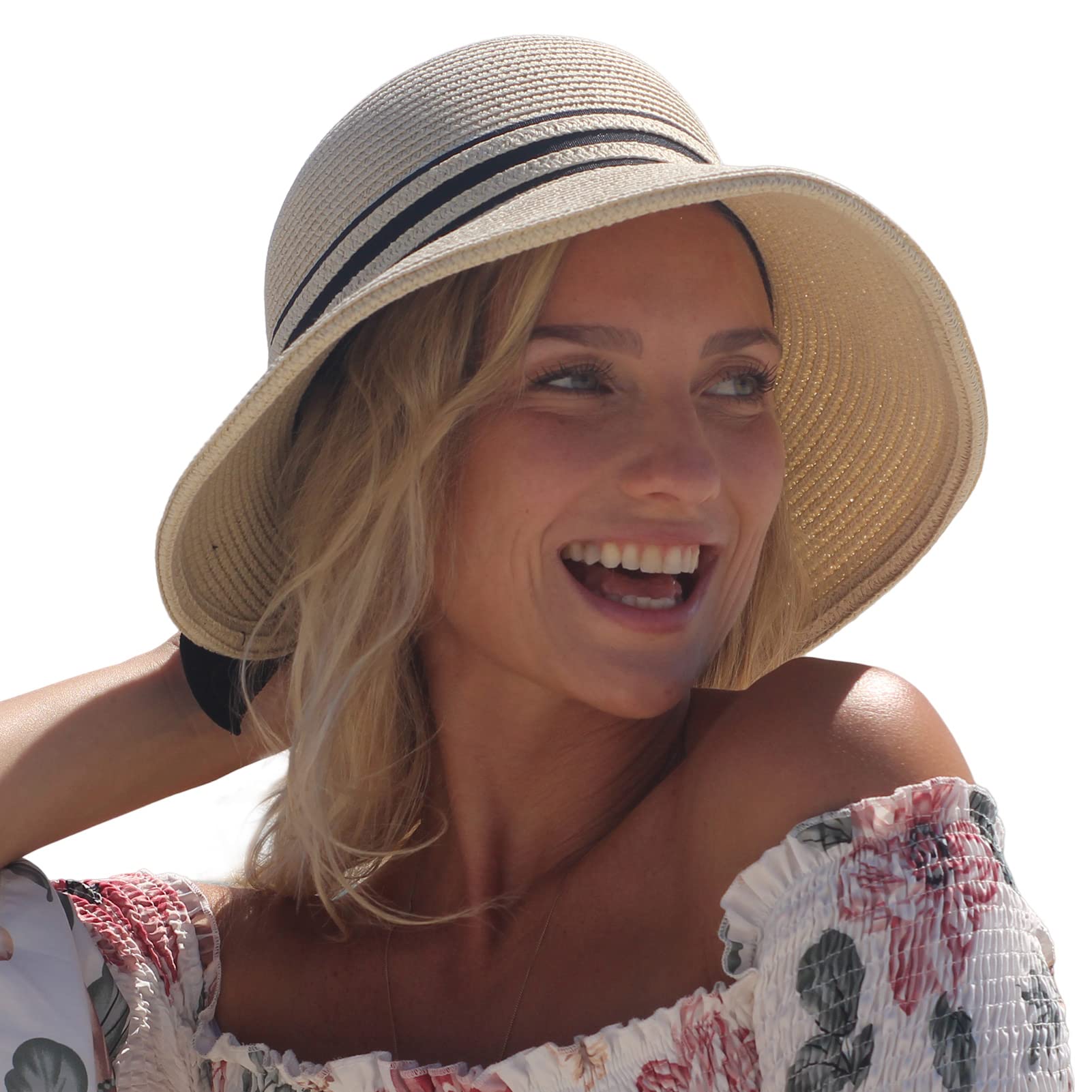 Women's Wide Brim Beach Sun Hat - SPF UV Protection, Packable, Floppy, Foldable - Summer-Ready, Ponytail-Friendly, Straw, Cute Bow, Travel Essential, Beige Medium