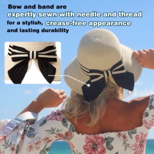 Women's Wide Brim Beach Sun Hat - SPF UV Protection, Packable, Floppy, Foldable - Summer-Ready, Ponytail-Friendly, Straw, Cute Bow, Travel Essential, Beige Medium