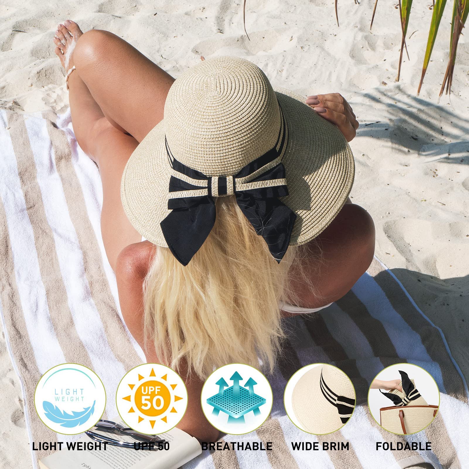 Women's Wide Brim Beach Sun Hat - SPF UV Protection, Packable, Floppy, Foldable - Summer-Ready, Ponytail-Friendly, Straw, Cute Bow, Travel Essential, Beige Medium