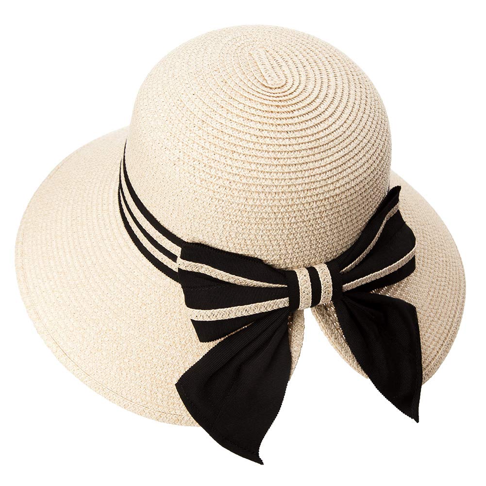 Women's Wide Brim Beach Sun Hat - SPF UV Protection, Packable, Floppy, Foldable - Summer-Ready, Ponytail-Friendly, Straw, Cute Bow, Travel Essential, Beige Medium