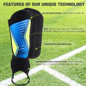 Rawxy Football Soccer Shin Guards with Exceptional Flexible Soft Light Weight - Great for Boys Girls Junior Youth(Blue Yellow,L)