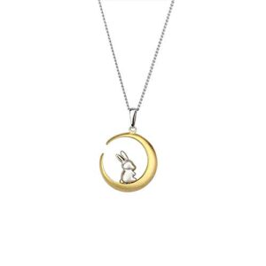 cute bunny rabbit on the moon pendant necklace for women teen girls s925 sterling silver hypoallergenic dainty tiny crescent choker 18" chain collar delicate animal jewelry gifts box for daughter