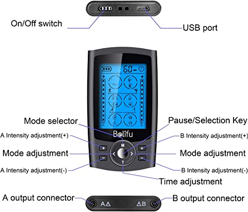 Belifu Dual Channel TENS EMS Unit 24 Modes Muscle Stimulator for Pain Relief Therapy, Electronic Pulse Massager Muscle Massager with 10 Pads, Dust-Proof Drawstring Storage Bag, Fastening Cable Ties