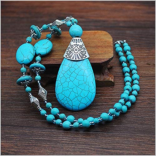 Bohemian Turquoise Necklace for Women Western Jewelry Boho Necklace Vintage Turquoise Pendant Long Choker Necklace (Turquoise)