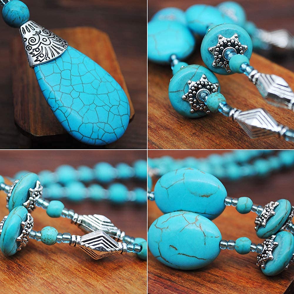 Bohemian Turquoise Necklace for Women Western Jewelry Boho Necklace Vintage Turquoise Pendant Long Choker Necklace (Turquoise)