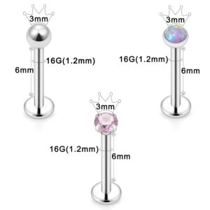 Kridzisw 16G Flat Back Cartilage Tragus Helix Conch Earring 16 Gauge Surgical Stainless Steel Silver Short Screw on in Opal Labret Monroe Medusa Lip Nose Ring Stud Bar Piercing Jewelry Women Men 6mm