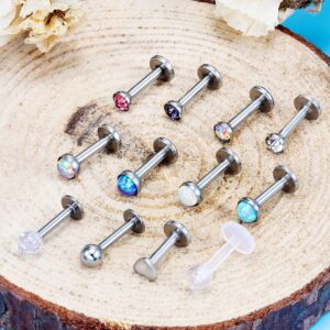 Kridzisw 16G Flat Back Cartilage Tragus Helix Conch Earring 16 Gauge Surgical Stainless Steel Silver Short Screw on in Opal Labret Monroe Medusa Lip Nose Ring Stud Bar Piercing Jewelry Women Men 6mm