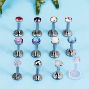 Kridzisw 16G Flat Back Cartilage Tragus Helix Conch Earring 16 Gauge Surgical Stainless Steel Silver Short Screw on in Opal Labret Monroe Medusa Lip Nose Ring Stud Bar Piercing Jewelry Women Men 6mm