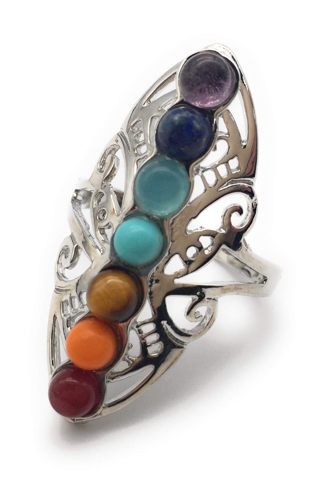 Healing Hollow Stones Adjustable 7 Chakra Ring Reiki Gem Jewelry for Women