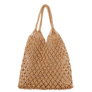 hixixi cotton rope totes travel beach fishing net handbag shopping woven shoulder bag for women girls (khaki)