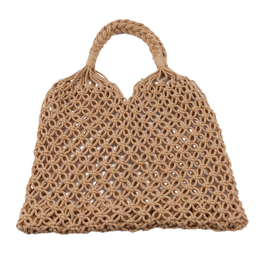 Hixixi Cotton Rope Totes Travel Beach Fishing Net Handbag Shopping Woven Shoulder Bag for Women Girls (Khaki)