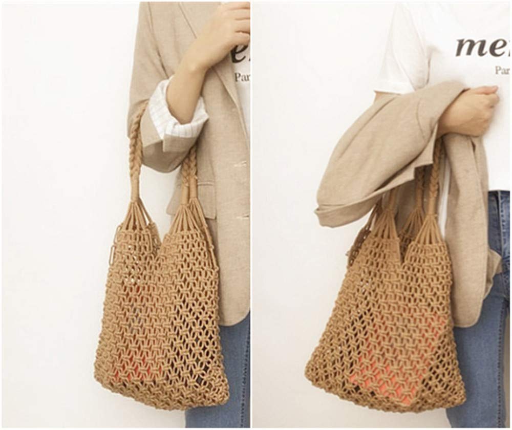 Hixixi Cotton Rope Totes Travel Beach Fishing Net Handbag Shopping Woven Shoulder Bag for Women Girls (Khaki)