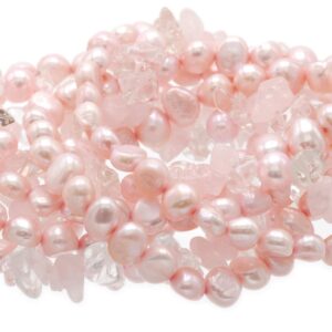 LTC Designs Set of 7 Dyed Pink Cultured Freshwater Baroque (5.5-6mm) Pearl and Rose/Crystal Quartz Stretch Bracelets, 7.5" for Women