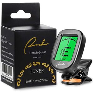 ranch guitar tuner clip on for acoustic/electric guitar, ukulele, violin, bass, banjo and chromatic tuning modes - classical black