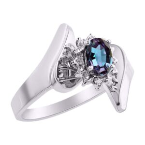 Rylos Floral Designer Ring with 6X4MM Oval Gemstone & Sparkling Diamonds in Sterling Silver- Birthstone Alexandrite Jewelry Size 7