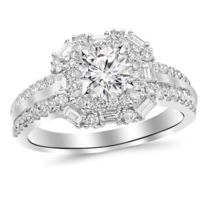 1.75 ctw radiant cut double row baguette and round halo 14k white gold diamond engagement ring (h-i color i1-i2 clarity 1 ct center)