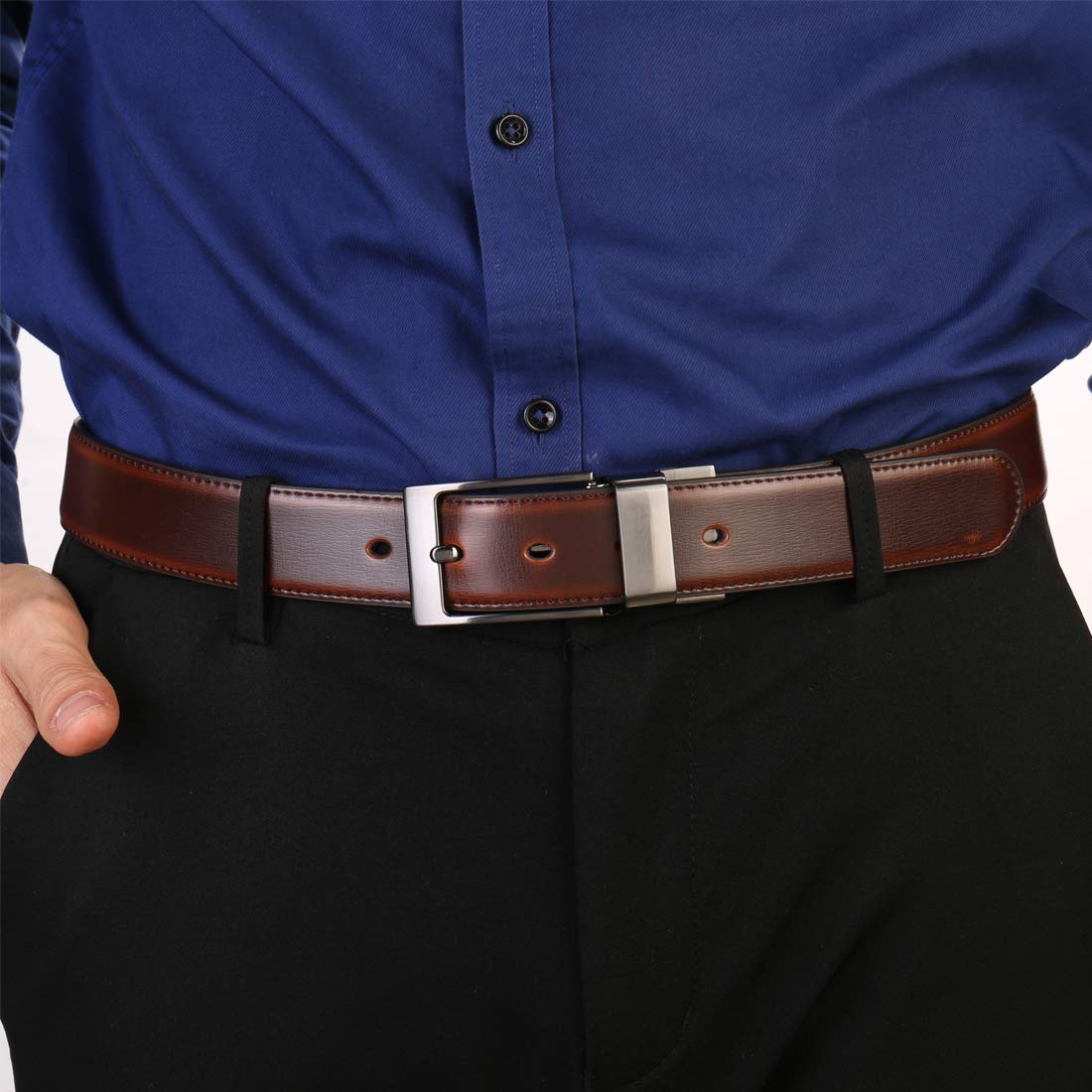 beltox fine Men's Dress Belt Leather Reversible 1.25" Wide Rotated Buckle Gift Box（Black Buckle with Cognac/Black Belt,34-36）