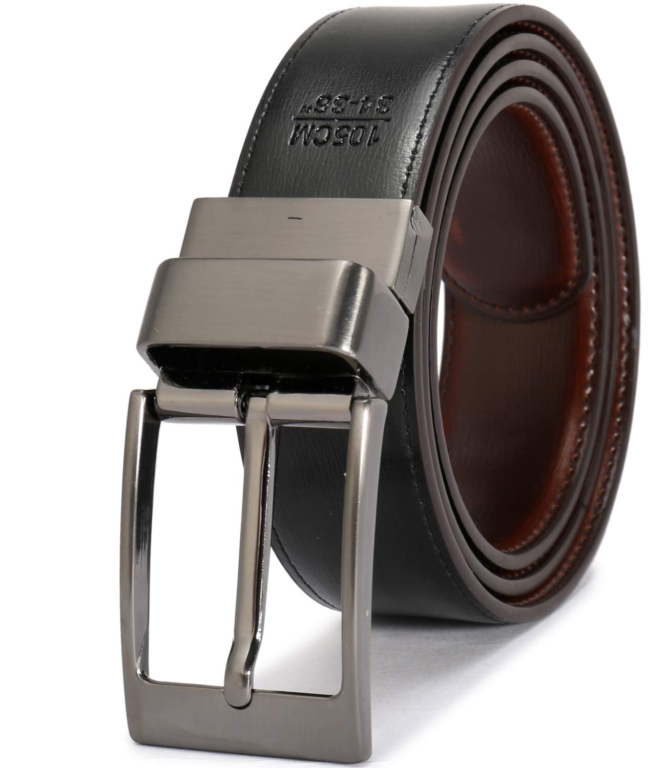 beltox fine Men's Dress Belt Leather Reversible 1.25" Wide Rotated Buckle Gift Box（Black Buckle with Cognac/Black Belt,34-36）