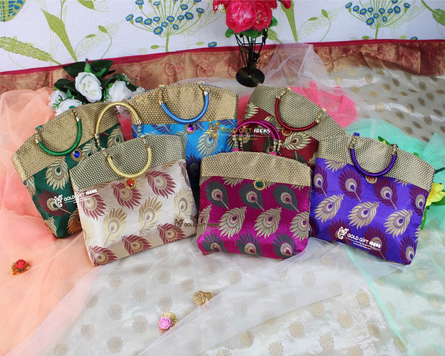 GoldGiftIdeas Silk Women Potli Purse for Wedding, Potli Bags for Return Gift, Traditional Party Favor Bags,Indian Potli Purse for Wedding (Set of 6)