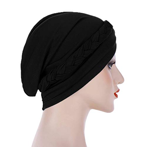 Fxhixiy Hijab Braid Silky Turban Hats for Women Cancer Chemo Beanies Cap Headwrap Headwear (Black)