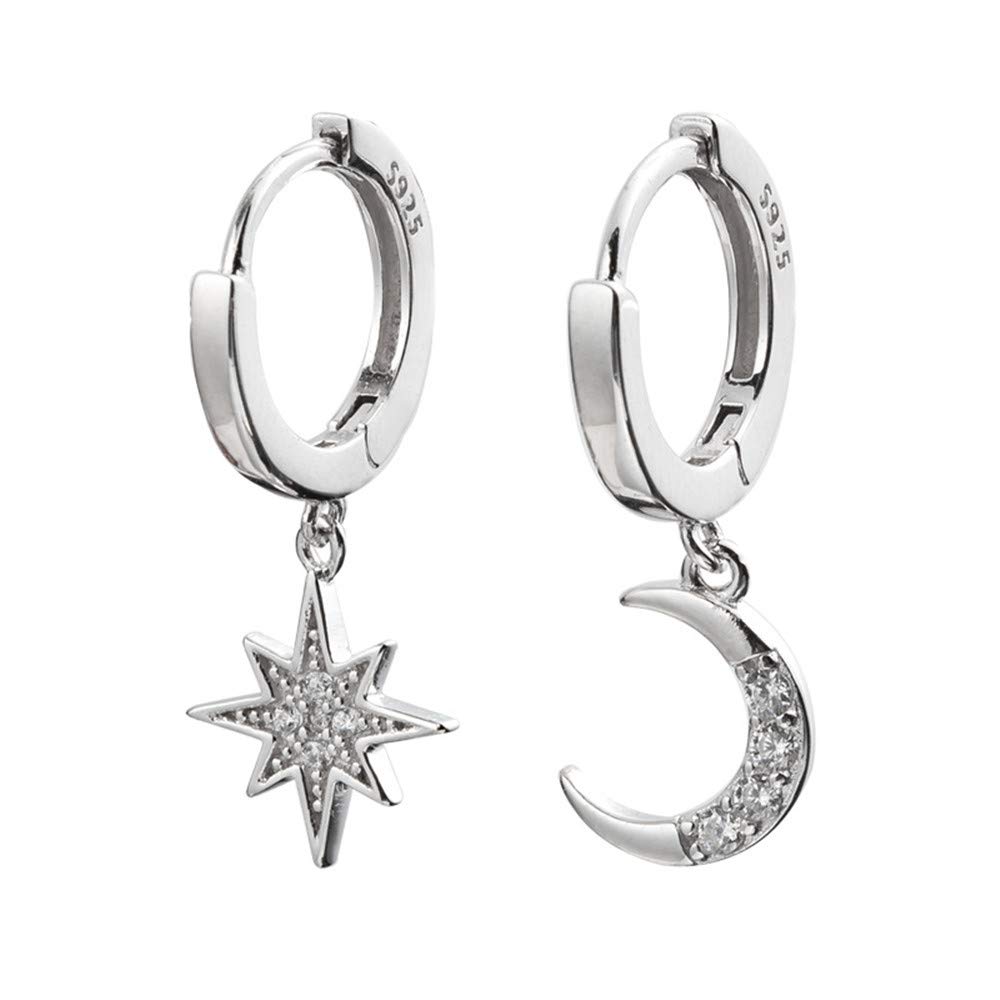 CZ Moon Star Dangle Small Hoop Earrings for Women Girls Sterling Silver with Charms Crystal Asymmetrical Snowflake Crescent Drop Mini Cartilage Clip Jewelry Delicate Fashion Birthday Gifts Best Friend