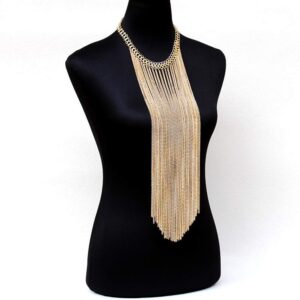 Sexy Body Chain Women Golden Long Tassel Layered Choker Necklace Fashion Jewelry Belly Waist Bra Hot Bikini Beach Harness Birthday Anniversary Festival Gift for Lady Girls