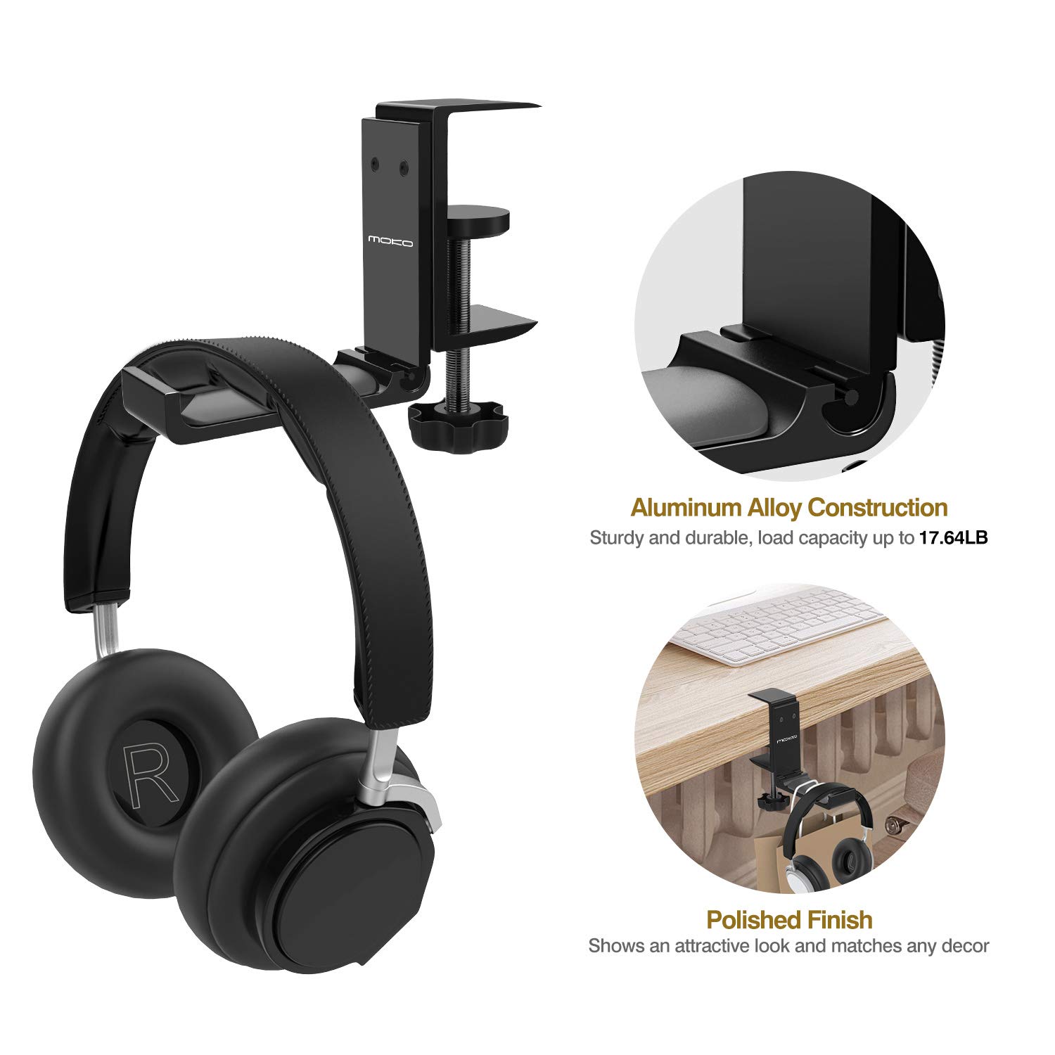 MoKo Adjustable Foldable Headphone Stand, Universal Aluminum, Supports All Headphone Sizes, Sennheiser, Audio-Technica, PS5 Gaming Headset, Black