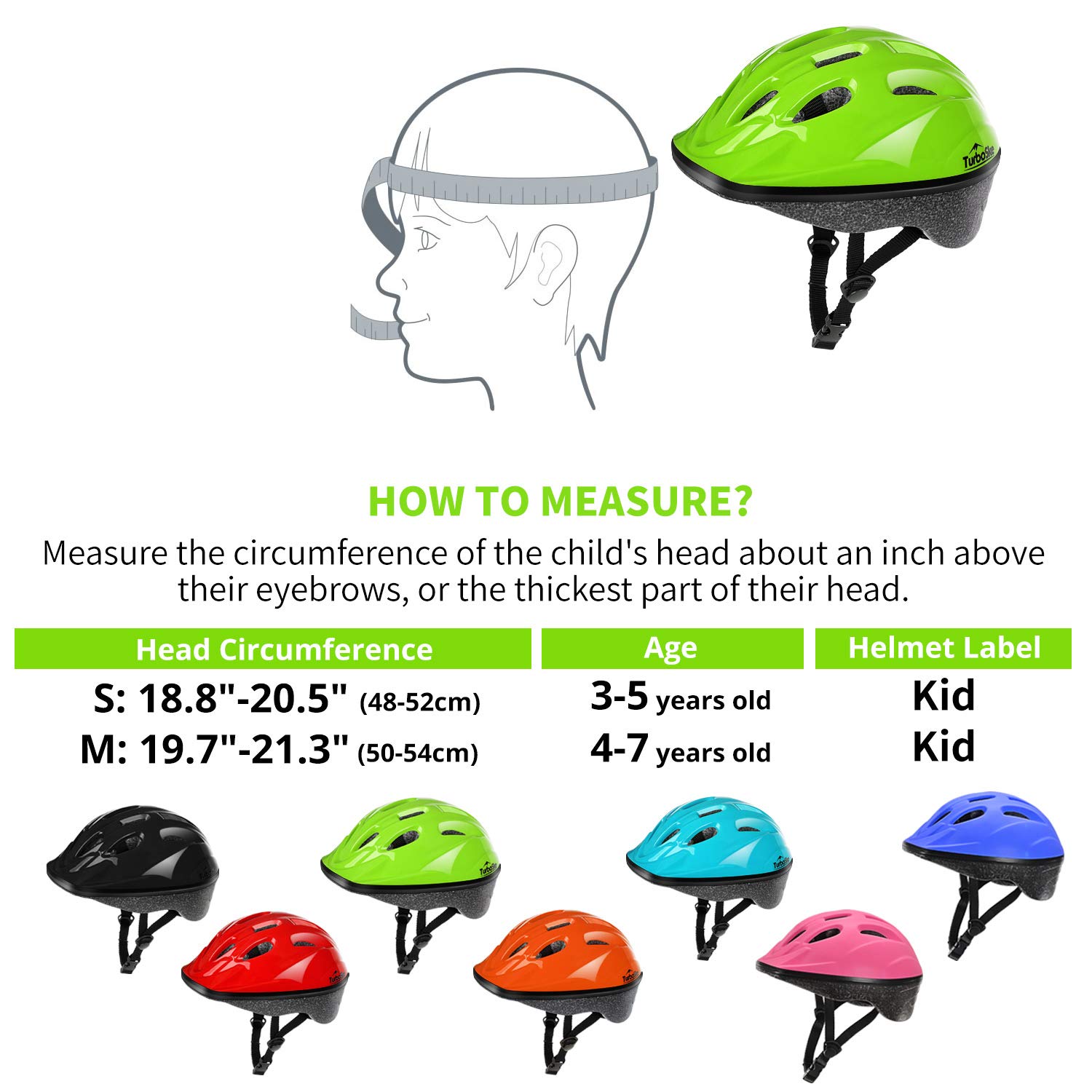 TurboSke Toddler Kids Bike Helmet, Multi-Sport Helmet Size Adjustable for boys and girls (Glossy Lime Green, Small: 48-52cm/18.8"-20.5")