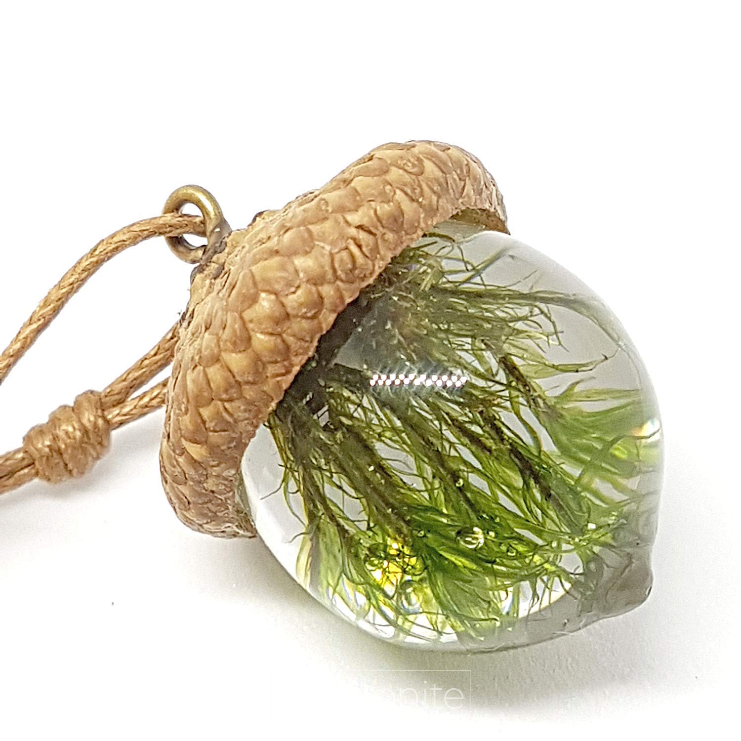 HARMONITE English Acorn Pendant Necklace for Women and Men. Handmade Natural Gift of Moss Jewelry for Motherhood, Maternity, or as Spiritual Unique Gifts Set in Eco Resin