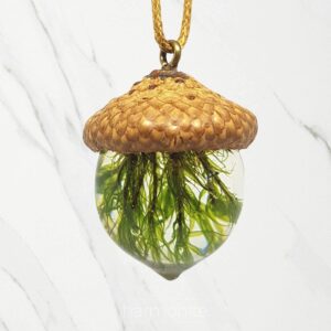 HARMONITE English Acorn Pendant Necklace for Women and Men. Handmade Natural Gift of Moss Jewelry for Motherhood, Maternity, or as Spiritual Unique Gifts Set in Eco Resin