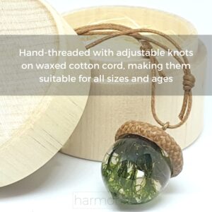 HARMONITE English Acorn Pendant Necklace for Women and Men. Handmade Natural Gift of Moss Jewelry for Motherhood, Maternity, or as Spiritual Unique Gifts Set in Eco Resin