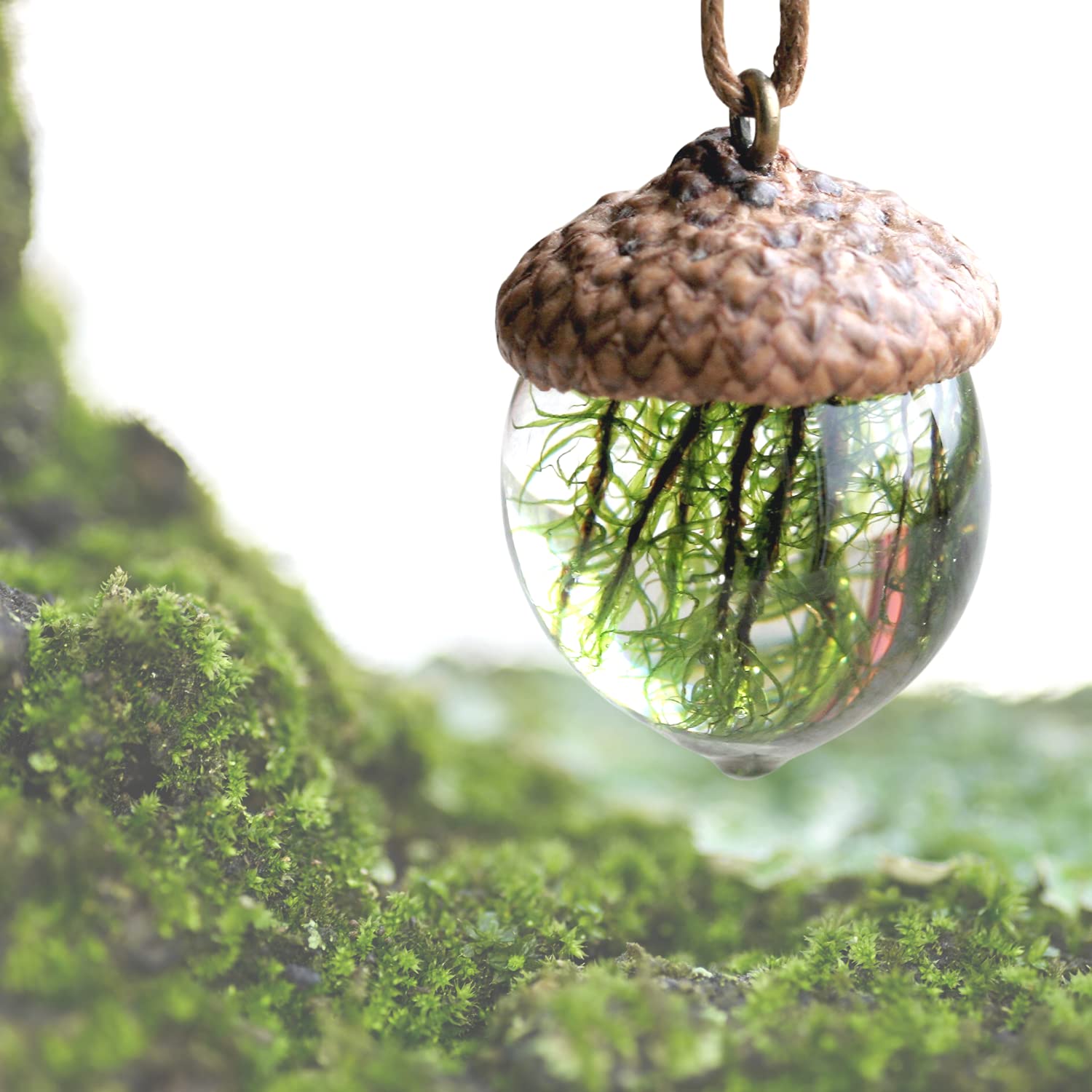 HARMONITE English Acorn Pendant Necklace for Women and Men. Handmade Natural Gift of Moss Jewelry for Motherhood, Maternity, or as Spiritual Unique Gifts Set in Eco Resin