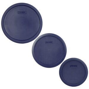 pyrex (1) 7403-pc 10 cup, (1) 7402-pc 6/7 cup, (1) 7201-pc 4 cup blue round replacement food storage lids, made in usa