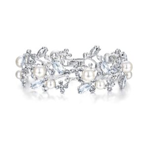 ever faith austrian crystal white simulated pearl bridal prom floral leaf tennis bracelet