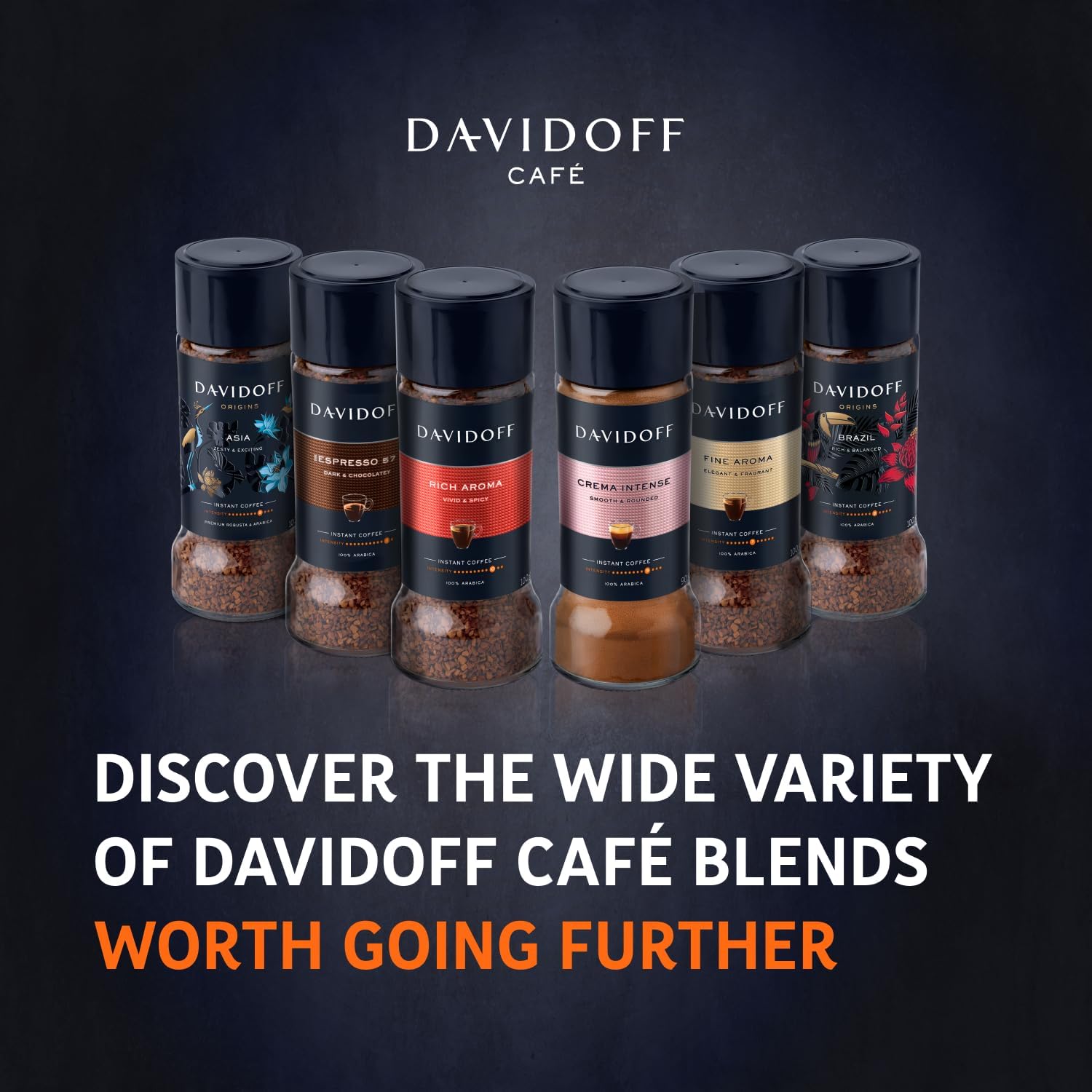 DAVIDOFF Crema Intense Instant Coffee - Smooth and Rounded - Full-body. Delicate Aroma and Elegant Acidity - 100% Arabica Beans - 9/12 Intensity. 10/12 Roasting. 4/12 Acidity - 1 x 3.17 oz