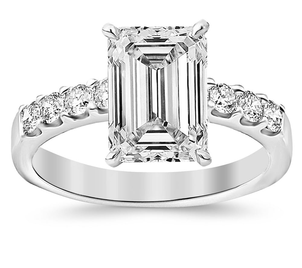 Houston Diamond District 1.5 Ctw Emerald Classic Prong Set Round 14K White Gold Engagement Ring (I-J Color VS1-VS2 Clarity 1 Ct Center)