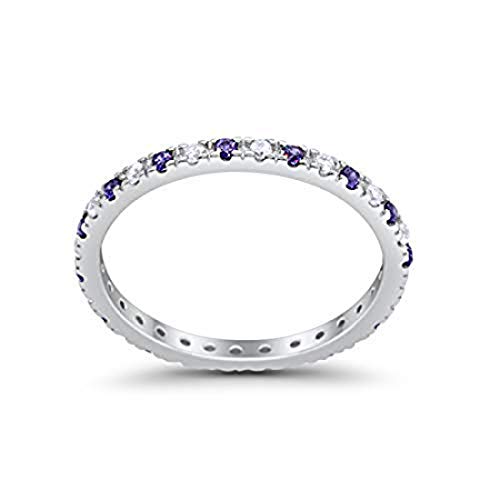 Blue Apple Co. 2mm Stackable Full Eternity Wedding Band Ring Round Simulated Amethyst Cubic Zirconia 925 Sterling Silver Size-7