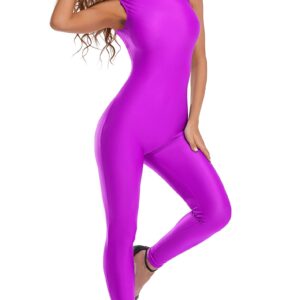 speerise One Piece Bodycon Jumpsuit for Women Sleeveless Spandex Bodysuit Zipper Romper for Club Catsuit, Violet, XS