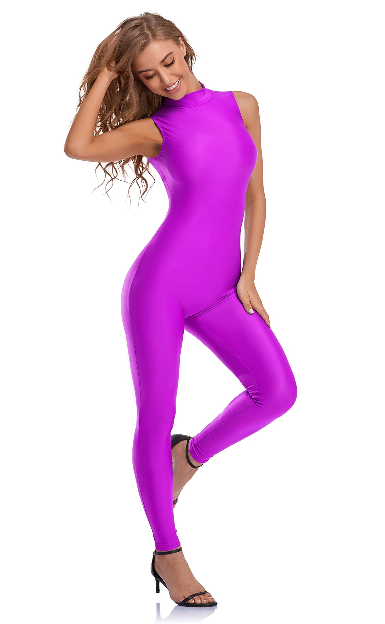 speerise One Piece Bodycon Jumpsuit for Women Sleeveless Spandex Bodysuit Zipper Romper for Club Catsuit, Violet, XS