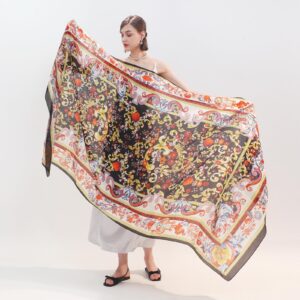 DANA XU 100% Mulberry Satin Silk Summer Travel Scarf Extra Large Women Floral Shawl Oversize Soft Wraps For Evening Dresses