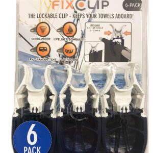 FIXCLIP Navy Blue 6-Pack - Storm Proof & Lockable Clothespin - Large Clips fits Lines & Rails - Multi- Purpose Towel Clips for Boat, Chairs, RV, Camping, Fishing, Stroller, Balcony, Tarps, Garden