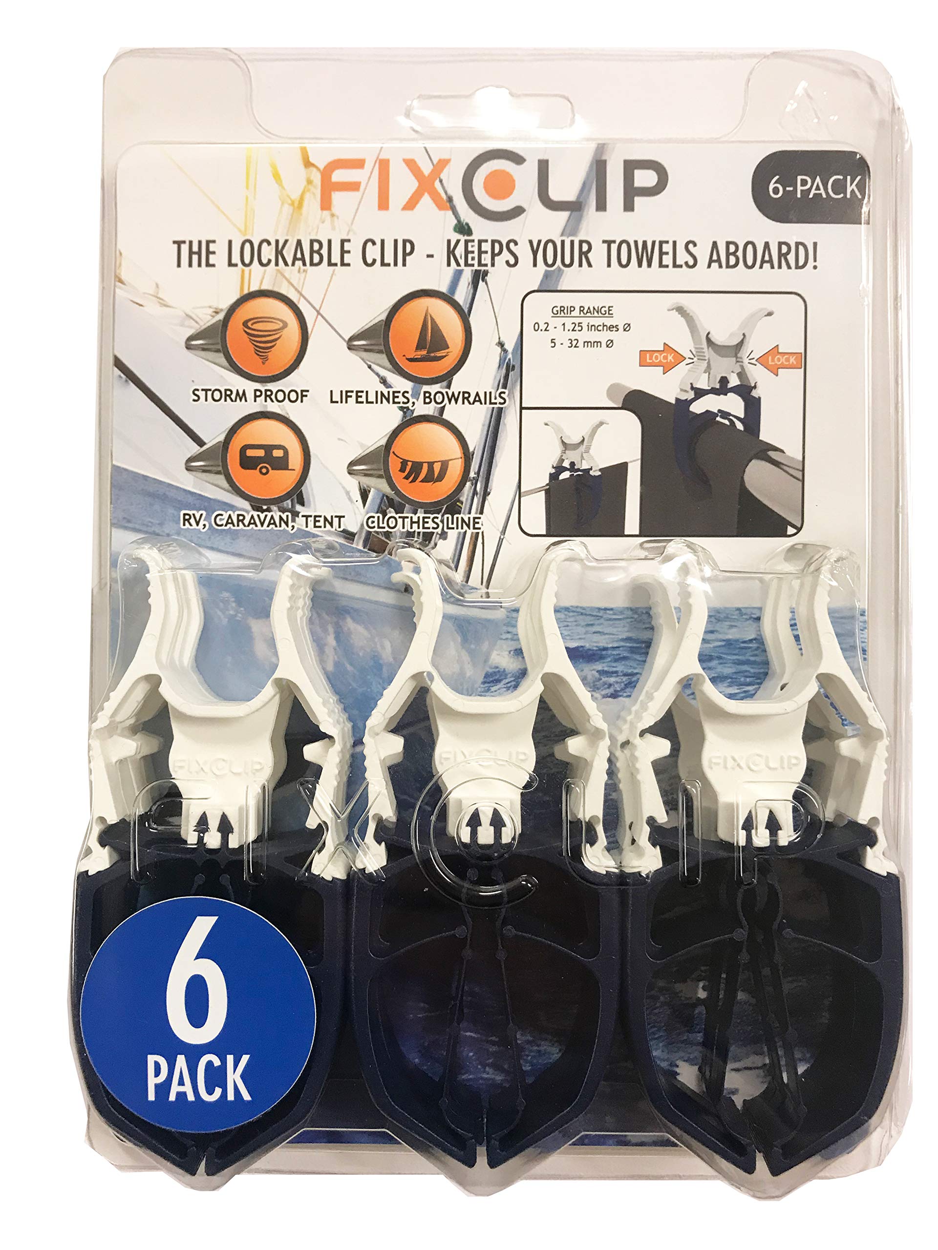 FIXCLIP Navy Blue 6-Pack - Storm Proof & Lockable Clothespin - Large Clips fits Lines & Rails - Multi- Purpose Towel Clips for Boat, Chairs, RV, Camping, Fishing, Stroller, Balcony, Tarps, Garden