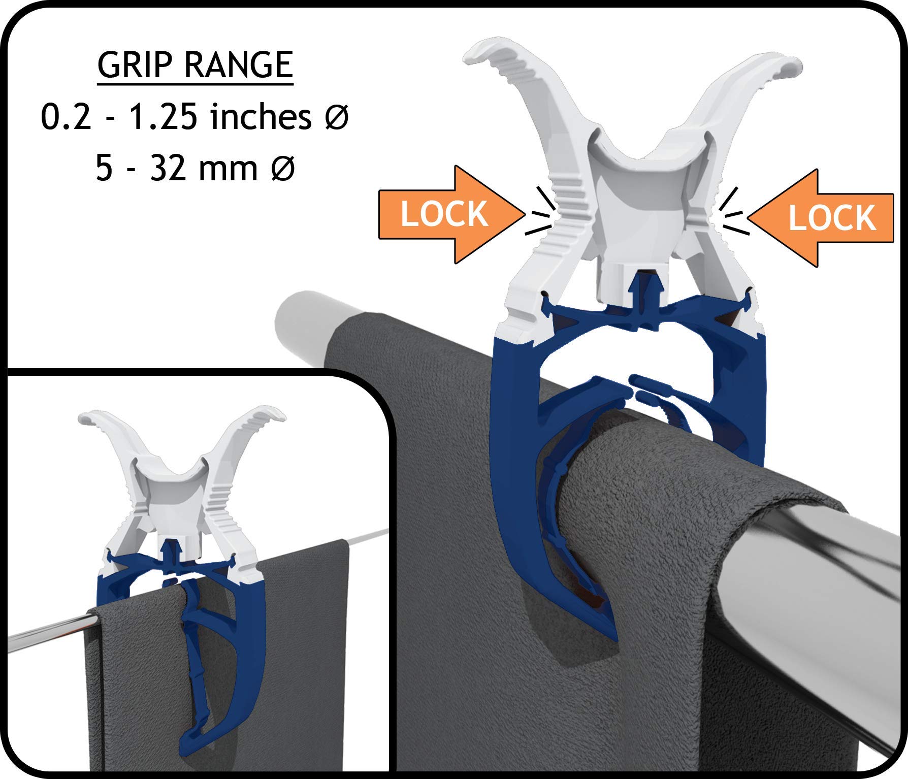 FIXCLIP Navy Blue 6-Pack - Storm Proof & Lockable Clothespin - Large Clips fits Lines & Rails - Multi- Purpose Towel Clips for Boat, Chairs, RV, Camping, Fishing, Stroller, Balcony, Tarps, Garden